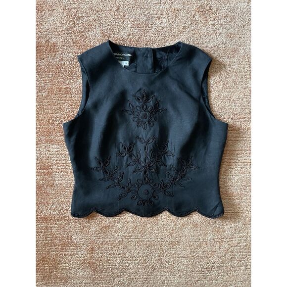 Donna Morgan Black Linen Blend Embroidered Sleeveless Buttons Up Back Top 6P - Picture 1 of 7